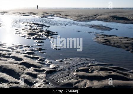 Marcheurs sur la plage à marée basse avec des bassins de marée, île de Juist, Basse-Saxe Mer des Wadden, Mer du Nord, Frise orientale, Basse-Saxe, Allemagne, Europe Banque D'Images