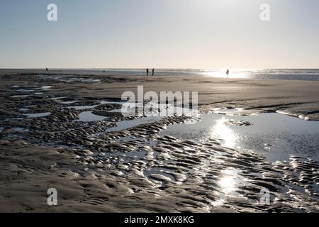 Marcheurs sur la plage à marée basse avec des bassins de marée, île de Juist, Basse-Saxe Mer des Wadden, Mer du Nord, Frise orientale, Basse-Saxe, Allemagne, Europe Banque D'Images