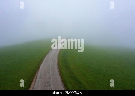 Tir de drone, route de campagne traversant un brouillard dense, Mondseeland, Mondsee, Salzkammergut, haute-Autriche, Autriche, Europe Banque D'Images