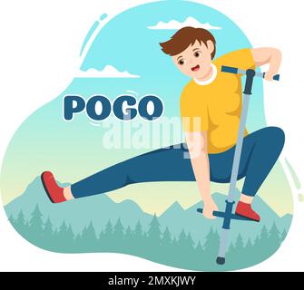 Les personnes jouant avec Sport Jump Pogo Stick Illustration pour bannière Web ou page d'arrivée en extérieur Fun Toy Flat Cartoon modèles dessinés à la main Illustration de Vecteur