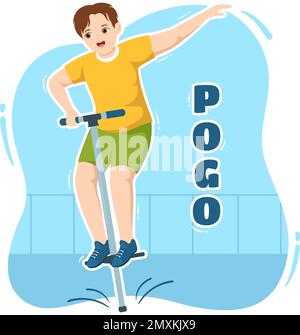Les personnes jouant avec Sport Jump Pogo Stick Illustration pour bannière Web ou page d'arrivée en extérieur Fun Toy Flat Cartoon modèles dessinés à la main Illustration de Vecteur