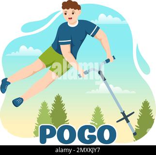 Les personnes jouant avec Sport Jump Pogo Stick Illustration pour bannière Web ou page d'arrivée en extérieur Fun Toy Flat Cartoon modèles dessinés à la main Illustration de Vecteur