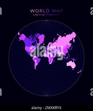 Carte du monde. Projection conformationnelle Lagrange. Illustration du monde numérique. Couleurs néon rose vif sur fond sombre. Illustration vectorielle puissante. Illustration de Vecteur