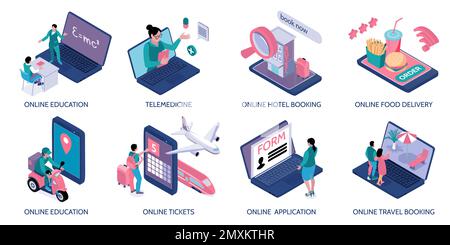 Services en ligne compositions isométriques illustration vectorielle isolée Illustration de Vecteur