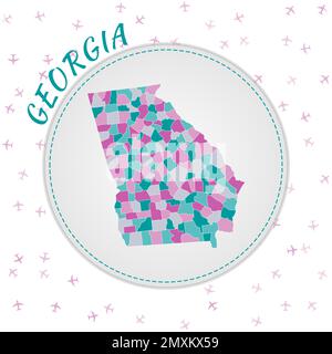 Carte de Géorgie. Carte de l'état US avec les régions dans la palette de couleurs émeraude-améthyste. Affiche arrondie Voyage à la Géorgie avec nous nom d'état et Airpla Illustration de Vecteur
