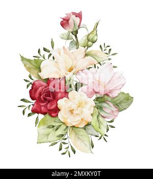 Arrangements aquarelle avec fleurs de rose. Bouquets de rose, rouge, jaune rose, et feuilles de composition pour les cartes de mariage, de Saint-Valentin ou de voeux. Botani Illustration de Vecteur