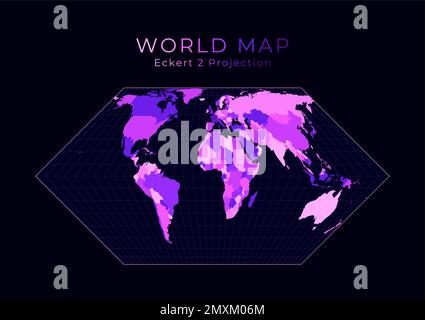 Carte du monde. Projection Eckert II. Illustration du monde numérique. Couleurs néon rose vif sur fond sombre. Illustration vectorielle artistique. Illustration de Vecteur