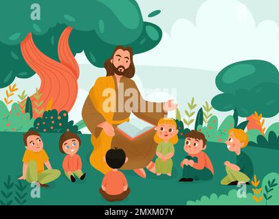 Jésus Christ et les enfants fond avec la Bible et les symboles de religion illustration vectorielle plate Illustration de Vecteur