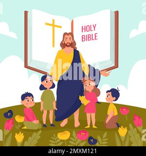 Jésus Christ et enfants fond avec symboles de la Sainte Bible illustration vectorielle plate Illustration de Vecteur