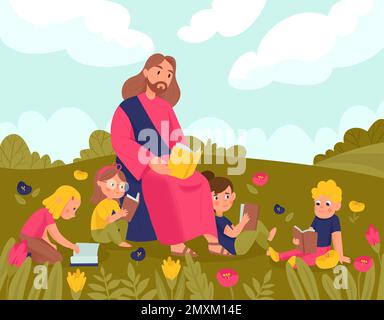 Jésus Christ et les enfants fond avec la lecture de la Bible et les symboles de religion illustration vectorielle plate Illustration de Vecteur