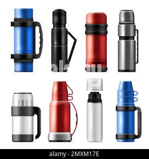 Jeu d'icônes thermos réalistes ensemble de randonnée urbaine thermodurcissable en différentes couleurs et tailles illustration vectorielle Illustration de Vecteur