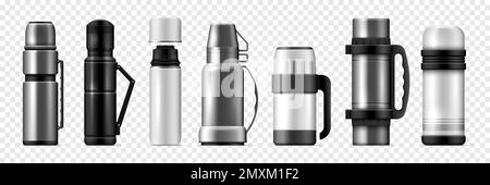 Thermos réaliste transparent Icon Set divers thermodurcissables grandes et petites illustrations vectorielles blanches noir et gris Illustration de Vecteur