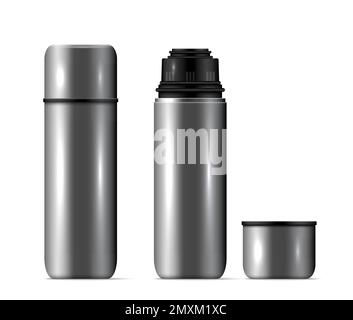 Illustration réaliste de la composition de la coupelle du thermos isolé en métal argenté avec couvercle fermé et ouvert Illustration de Vecteur