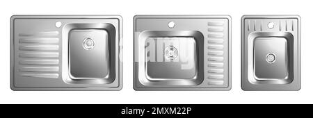 Icône d'évier métallique réaliste définir trois éviers métalliques différents avec une illustration vectorielle de la zone de séchage Illustration de Vecteur