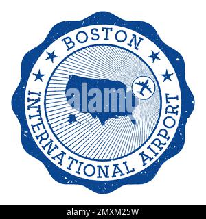 Timbre de l'aéroport international de Boston. Logo rond de l'aéroport de Boston avec emplacement sur la carte des États-Unis marquée par un avion. Illustration vectorielle. Illustration de Vecteur