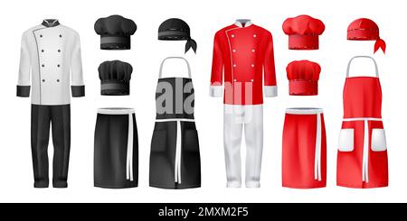 Ensemble réaliste de vêtements de chef de cuisine Icon deux ensembles de costumes en noir et blanc et rouge et blanc avec une illustration vectorielle de chapeau et de tabliers Illustration de Vecteur