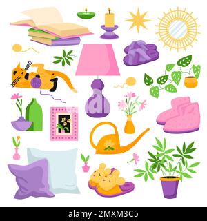 Ensemble plat de divers objets pour intérieur confortable maison avec bougies pantoufles maison plantes lampe livres illustration vectorielle isolée Illustration de Vecteur