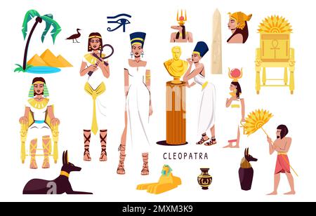 Cleopatra plat ensemble de symboles culturels de l'Égypte ancienne de sorte que tous les yeux voyant les dieux isolés illustration vectorielle Illustration de Vecteur