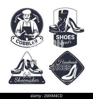 Ensemble de chaussures de réparation de l'emblème plat d'entretien avec quatre logos de style vintage monochrome isolés pour l'illustration vectorielle d'atelier de pavés Illustration de Vecteur