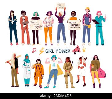 Girl power Flat ensemble de personnages féminins de différentes ethnicité lutte pour les droits des femmes illustration vectorielle isolée Illustration de Vecteur