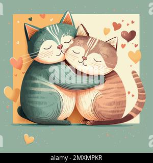 Illustration vectorielle de chats mignons dans le style de dessin animé d'amour. Les animaux de compagnie sont amoureux. Cœur rouge. Carte de Saint-Valentin, carte d'amour, carte de vœux avec inscription vous êtes purr-fect pour moi Illustration de Vecteur