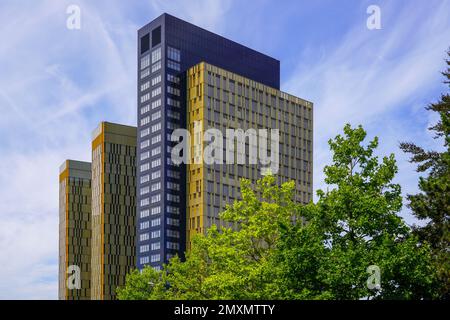 Gros plan, détail du Palais de la Cour de justice dans le quartier européen (Luxembourg). La Cour européenne de justice (CJCE), basée à Luxembourg, Banque D'Images