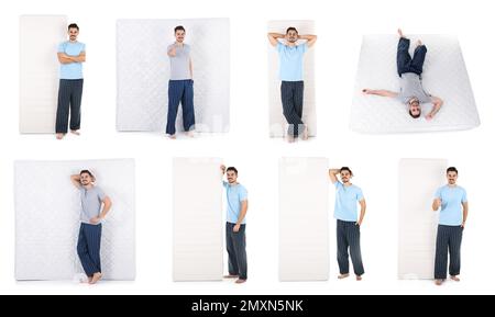 Collage avec photos de jeunes hommes et matelas sur fond blanc Banque D'Images