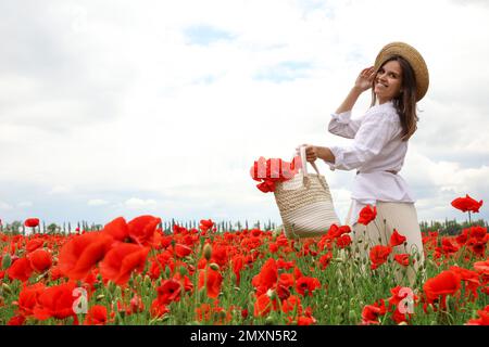 Femme tenant un sac à main avec des fleurs de pavot dans un beau champ Banque D'Images