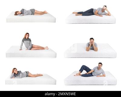 Collage avec photos de femme et de jeune homme allongé sur des matelas sur fond blanc Banque D'Images
