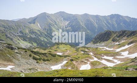 Vallée alpine verte couverte de neige au début du printemps, UE, Slovaquie Banque D'Images