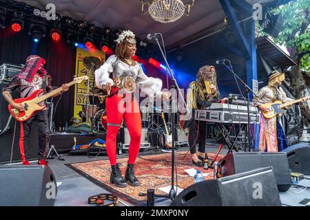 Die Band Golden Dawn Arkestra aus den USA live beim Orange Blossom Special Festival, Beverungen, Deutschland | US band Golden Dawn Arkestra Live a Banque D'Images