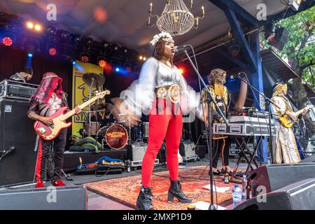 Die Band Golden Dawn Arkestra aus den USA live beim Orange Blossom Special Festival, Beverungen, Deutschland | US band Golden Dawn Arkestra Live a Banque D'Images
