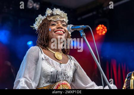 Die Band Golden Dawn Arkestra aus den USA live beim Orange Blossom Special Festival, Beverungen, Deutschland | US band Golden Dawn Arkestra Live a Banque D'Images