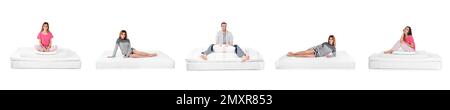 Collage avec photos de personnes et matelas sur fond blanc. Bannière Banque D'Images