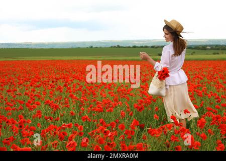 Femme avec sac à main et fleurs de pavot dans un beau champ Banque D'Images