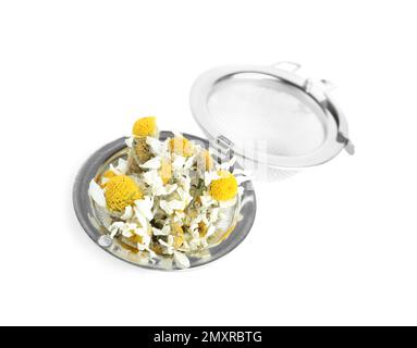 Fleurs de camomille sèches dans l'infuser isolé sur blanc Banque D'Images