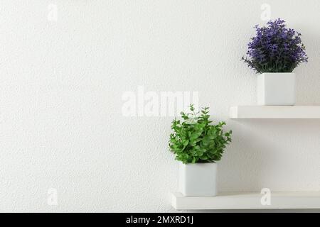 Belles plantes artificielles dans des pots de fleurs sur des étagères. Espace pour le texte Banque D'Images