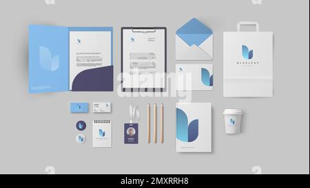 Modèle de conception de marque moderne dans des couleurs pastel bleues pour entreprise ou studio, grand paquet de style d'entreprise avec dossier et A4 forme, papeterie Illustration de Vecteur