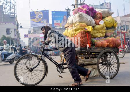 INDE. UTTARPRADESH. VARANASI (BENARES) TRANSPORT DE MARCHANDISES PAR RICK SHAW Banque D'Images