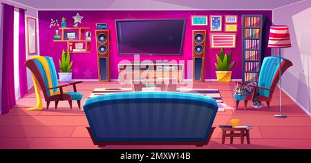 Salle de séjour avec téléviseur, console de jeux et mobilier. Illustration vectorielle de la maison de style boho avec chat mignon sur un fauteuil, un canapé, une lampe, une fleur Illustration de Vecteur
