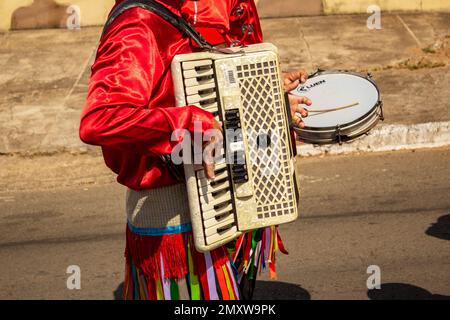 Goias, Brésil – 11 septembre 2022 : Détail d'un révélateur portant des vêtements rouges, jouant de l'accordéon pendant Congadas. Banque D'Images