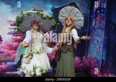 Erfurt, Allemagne. 04th févr. 2023. Jana (l) et Emma de Kassel posent vêtues de champignons au salon MAG-C - Convention communautaire pour les Jeux, Cosplay, Anime et Manga. Environ 80 exposants sont représentés à la foire. Credit: Bodo Schackow/dpa/Alay Live News Banque D'Images