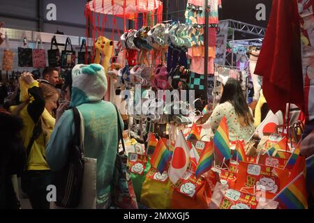 Erfurt, Allemagne. 04th févr. 2023. De nombreux visiteurs se tiennent sur les stands du salon MAG-C - Convention communautaire pour les Jeux, Cosplay, Anime et Manga. Environ 80 exposants sont représentés à la foire. Credit: Bodo Schackow/dpa/Alay Live News Banque D'Images