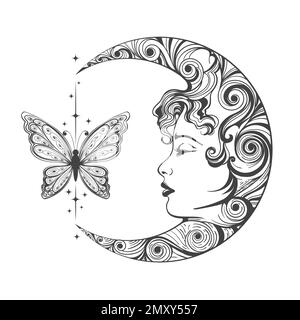 Tatouage de la Lune en croissant avec visage féminin et papillon isolé sur blanc. Illustration vectorielle. Illustration de Vecteur