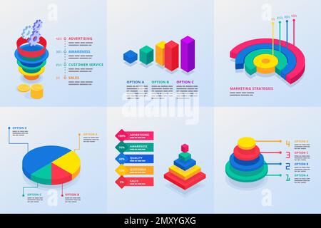 Six modèles infographiques pour la présentation marketing avec entonnoir pyramide et cercle multicouleurs diagrammes illustration vectorielle isométrique Illustration de Vecteur