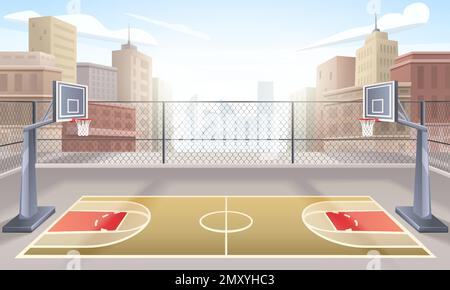 Terrain de basket-ball extérieur animé sur fond avec illustration vectorielle de maisons de ville Illustration de Vecteur