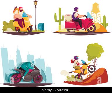 Ensemble de dessin animé de moto avec des motards à vélo et des scooters illustration vectorielle isolée Illustration de Vecteur