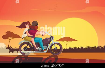 Motard barbu et fille heureuse à bord d'une moto sur l'illustration vectorielle de dessin animé du coucher du soleil Illustration de Vecteur