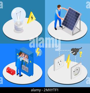 Jeu de concepts de conception isométrique 2x2 d'électricien de quatre compositions carrées avec des travailleurs professionnels et des éléments d'équipement illustration vectorielle Illustration de Vecteur