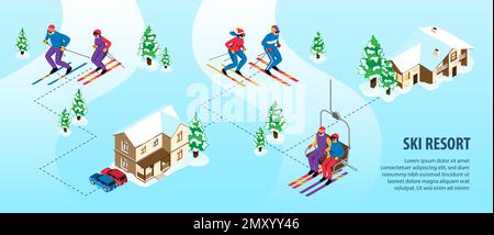 Graphiques de station de ski isométrique avec des personnes faisant des sports d'hiver illustration vectorielle Illustration de Vecteur